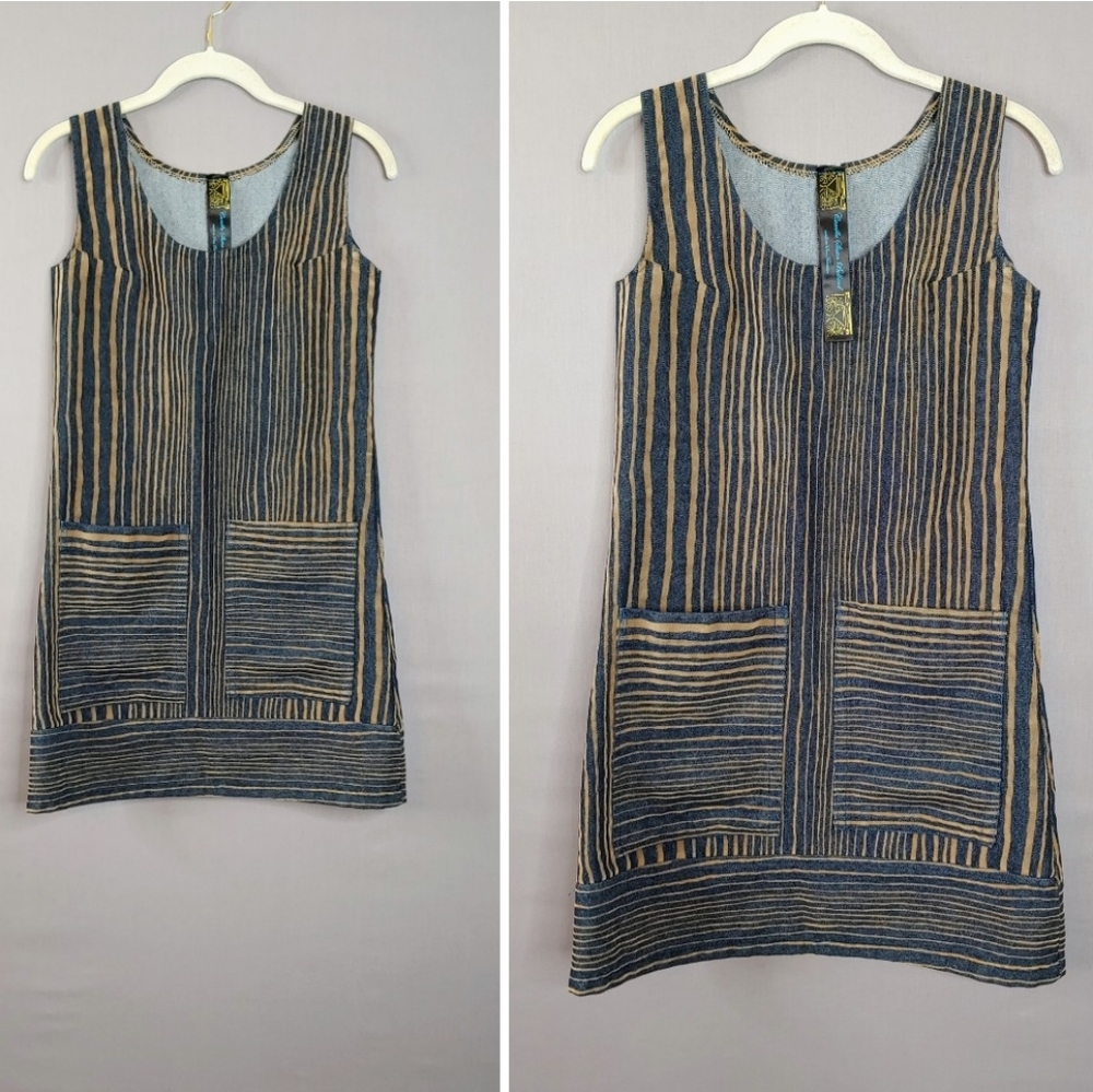 Mod Dress| Women’s Mod Mini Dress Denim/ Velvet Striped Dress with Pockets XS